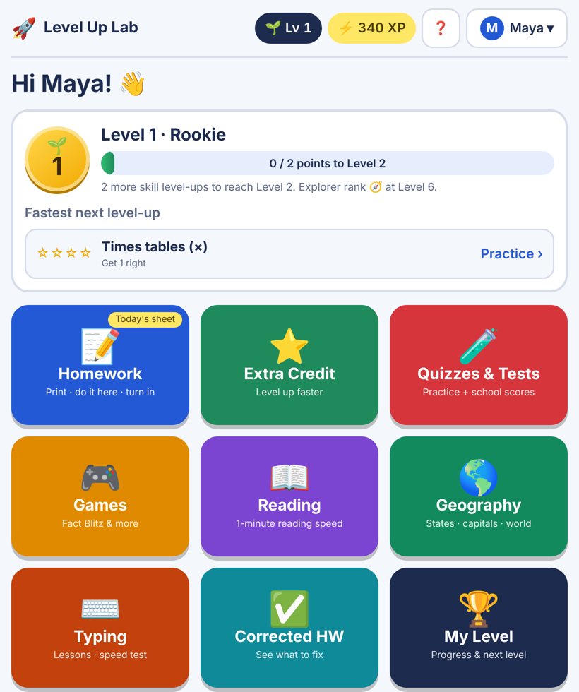 Level Up Lab home screen