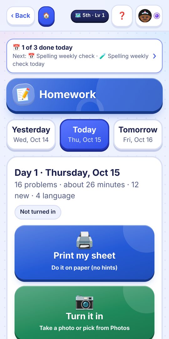 Homework page with Print my sheet and Turn it in buttons